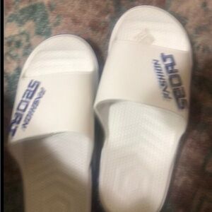 White Slide Sandals with Blue Logo